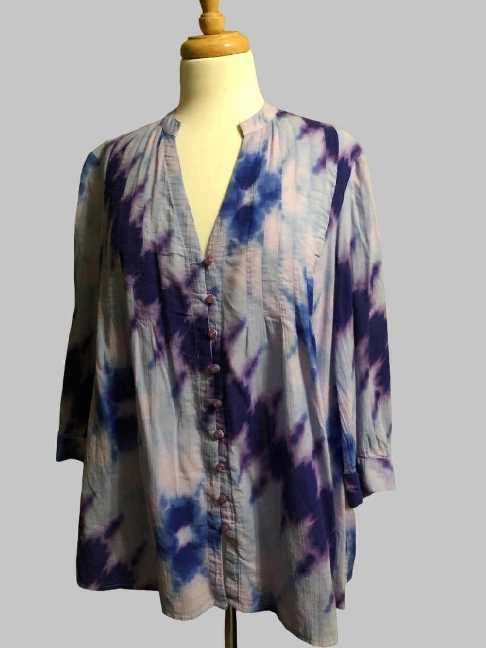 Jones New York Blue & Purple Tie Dye Button Front Tunic Blouse Cotton Medium